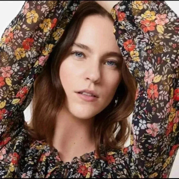 LOFT navy Floral Tie Neck Flowy floral Swing Dress Sz M - Picture 4 of 11